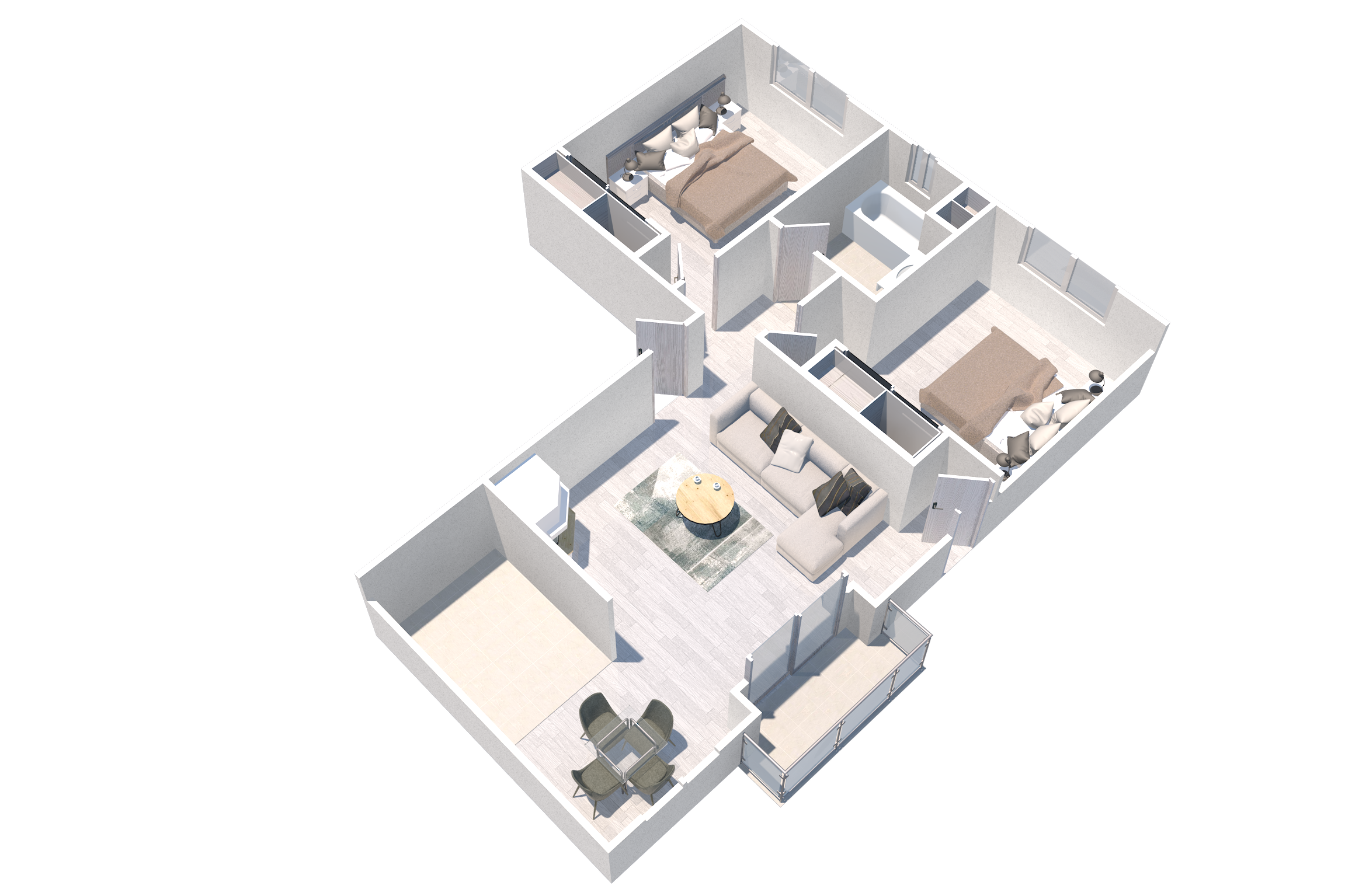 Floor plan for 2 beds, 1 bath, 728 sqft